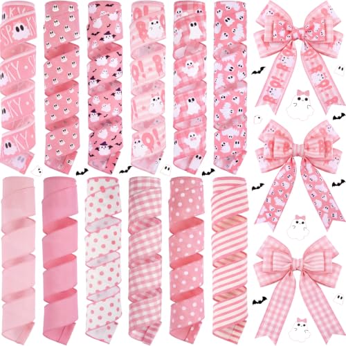 12 Rolls 60 Yards Pink Ghost Halloween Wired Ribbon for Wreath Bow - style: Pink Ghost