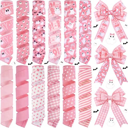 12 Rolls 60 Yards Pink Ghost Halloween Wired Ribbon for Wreath Bow - style: Pink Ghost