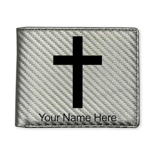 LaserGram Personalized Wallet, Christian Cross (Carbon Fiber Silver) - color: Carbon Fiber Silver
