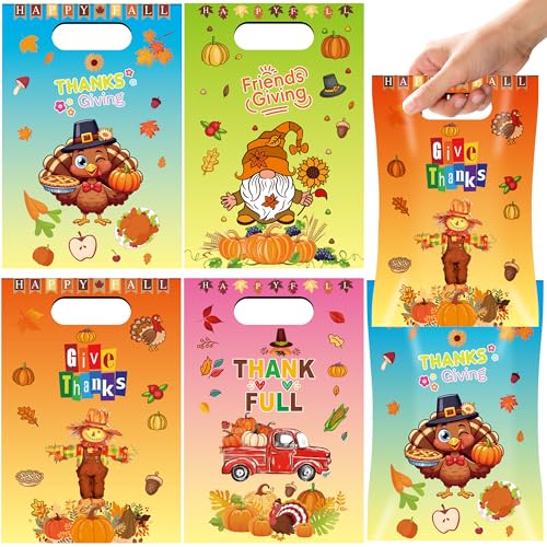 EUVBOKW 60 Pcs Thanksgiving Treat Bags with Handles,Fall Gift Bags Turkey Pumpkin Scarecrow Gnome Candy Goodie Bag for Fall Autumn Haverst Party Supplies - color: Thanksgiving Turkey
