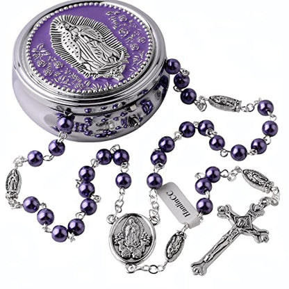 HanlinCC Guadalupe Catholic Rosary Glass Pearl Beads Necklace with Gift Box - color: Guadalupe Rosary Purple