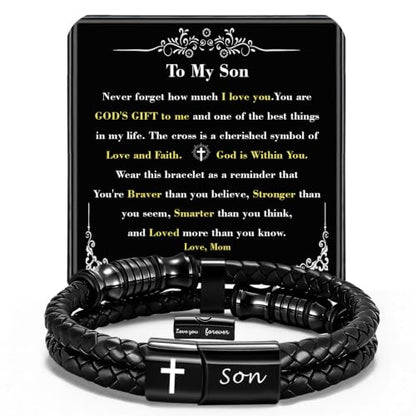 Christian Gifts for Mens Jewelry Black Double Layer Leather Cross Bible Verse Bracelets for Men, Teen Boys Religious Baptism Confirmation Gifts for Son Grandson Brother Teenages Gift Ideas - color: Son from Mom(8.27 Inch)