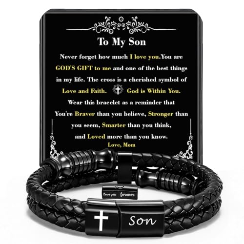 Christian Gifts for Mens Jewelry Black Double Layer Leather Cross Bible Verse Bracelets for Men, Teen Boys Religious Baptism Confirmation Gifts for Son Grandson Brother Teenages Gift Ideas - color: Son from Mom(8.27 Inch)
