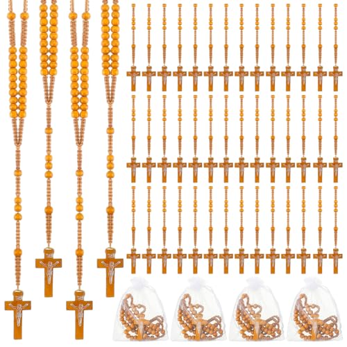 Tenceur 48 Pcs Wooden Rosary Bead Necklace Wood Catholic Carved Beads with Jesus Cross First Communion Rosary Bulk with Organza Bags Baptism Favors Catholic Gift for Men Women(Light Brown) - color: Light Brown