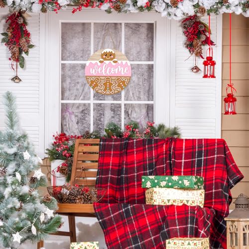 JarThenaAMCS Winter Welcome Door Sign Pink Brown snow Gingerbread Man Wooden Front Door Hanging Sign 3D Round Outdoor Hanger for Party Home Wall Porch Decorations, 12 Inch - style: Gingerbread Man