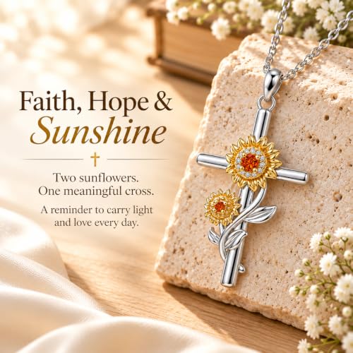 Distance Cross Necklace for Women 925 Sterling Silver Jewelry Pendant Necklace for Mom Wife Gift for Mother's Day or Birthday - style: Two Sunflower Cross Necklace