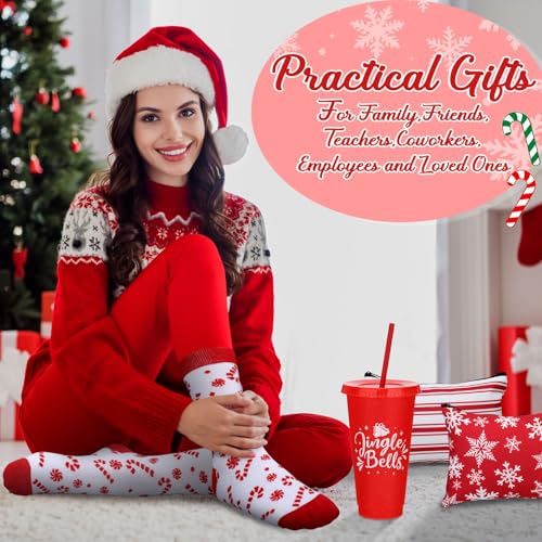 Funnymoom 24 Pcs Christmas Candy Cane Gifts Set Include 24 oz Merry Christmas Plastic Tumbler Cup with Lids and Straw Makeup Cosmetic Red Bag Crew Sock Keychain for Xmas Winter Friendmas Gifts - style: Candy