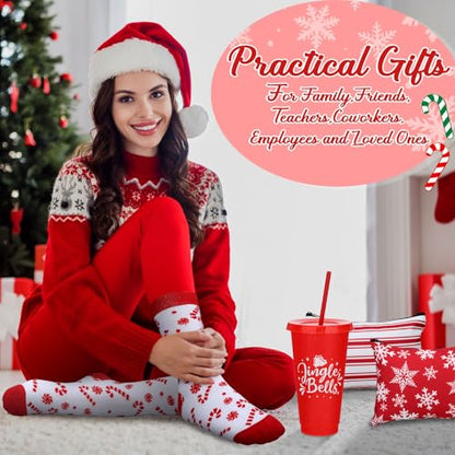 Funnymoom 24 Pcs Christmas Candy Cane Gifts Set Include 24 oz Merry Christmas Plastic Tumbler Cup with Lids and Straw Makeup Cosmetic Red Bag Crew Sock Keychain for Xmas Winter Friendmas Gifts - style: Candy