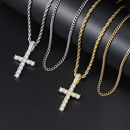 GEMOSA Cross Necklace for Men, Cuban Link Layered Rope Chain Silver/Gold/Black - color: Silver, size: 22/24 inch
