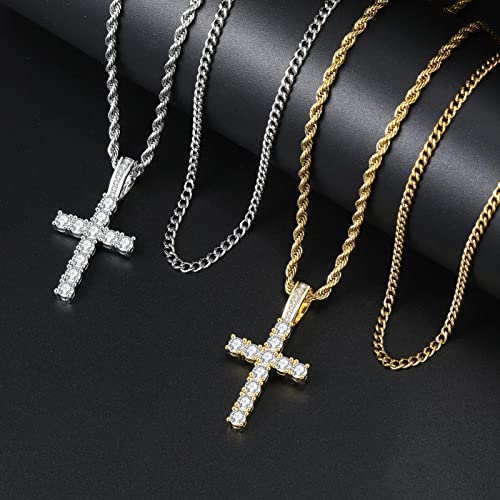 GEMOSA Cross Necklace for Men, Cuban Link Layered Rope Chain Silver/Gold/Black - color: Silver, size: 20/22 inch