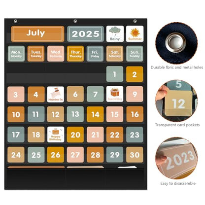 REGELETO Boho 46+3 Pockets Calendar Pocket Chart with 92 Cards for Classroom,Large Size: 28.75 x 24 inch Black Monthly Calendar and Weather Pocket Chart for Students Learning for Home or School - size: 46+3 Pockets