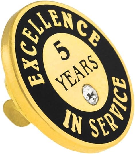 PinMart Gold Color Plated Excellence in Service Year Award Lapel Pin – Metal Enamel Workplace Reward Pin w/Rhinestone – 1-60 Years Pins for Long Standing Employees - color: 5 Years Gold Plated, size: 1 Piece