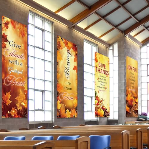 4Pcs Church Banners for Sanctuary Wall Welcome Inspirational Religious Hanging Backdrop Thanksgiving Fall Maple Leaves Pumpkins Church Banner Scripture Bible Verse Banner for Holiday School Decor - style: Give Thanks Fall