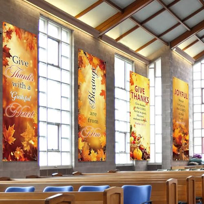 4Pcs Church Banners for Sanctuary Wall Welcome Inspirational Religious Hanging Backdrop Thanksgiving Fall Maple Leaves Pumpkins Church Banner Scripture Bible Verse Banner for Holiday School Decor - style: Give Thanks Fall