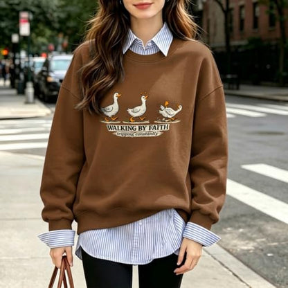 Silly Goose Christian Sweatshirts for Women Walking by Faith Tripping Constantly Sweatshirt Cute Graphic Crewneck - color: Brown, size: Small