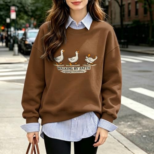 Silly Goose Christian Sweatshirts for Women Walking by Faith Tripping Constantly Sweatshirt Cute Graphic Crewneck - color: Brown, size: X-Large