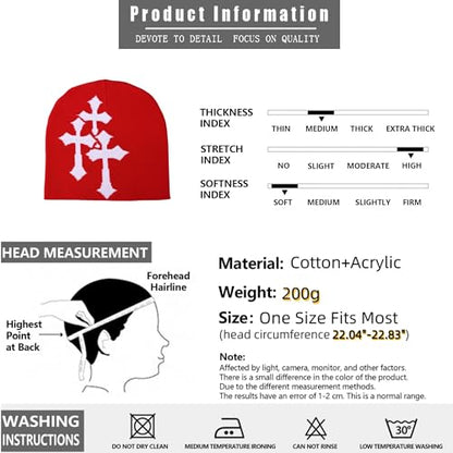 Fashion Knit Beanie with Cross Pattern Y2K Unisex Soft Jacquard Cap Popular Hip-Hop Cool Street Outdoor Sports Earflap Hat - color: Red