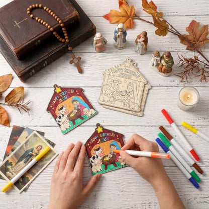 Anglechic 12 Sets Nativity Coloring Craft Happy Birthday Jesus Wooden kit - style: Happy Birthday Jesus
