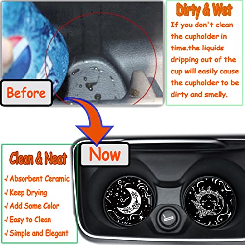 2.56" Small Absorbent Car Coasters (2-Pack) - Ceramic Cup Holder Coasters for Cars, Anti-Slip & Spill-Proof - Keep Cupholders Clean & Dry - color: Sun and Moon