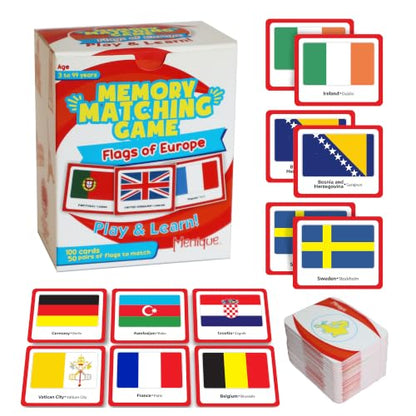 Menique Flags of Europe Memory Matching Game – 100 European Flags Flash Cards (50 Pairs) with Countries & Capitals – Educational Geography Family Game for Kids and Adults - style: Flags of Europe