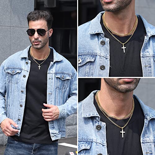 Zocomi Cross Necklace for Men Boys, Stainless Steel Layered Cuban Link Herringbone Chain Cross Pendant Christian Fashion Jewelry Gifts 16-24 Inches - color: Gold, size: 22inch/24inch, style: Cuban+Cuban