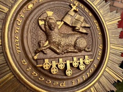 Jara's Petite Paradise Agnus Dei Christian Oak Wood Wall Art, Handcrafted Scripture Wall Art, Handmade Religious Easter Decor Lamb of God & Good Shepherd Wooden Icon (Walnut with gold, 12x12 inches) - color: Walnut with gold