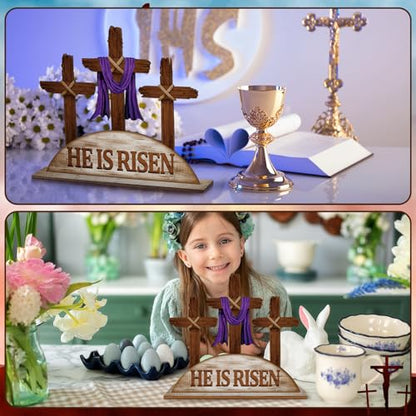 Beeveer Empty Tomb Easter Scene and Cross Decoration He Is Risen Decor Religious Wooden Tabletop Signs Christian Table Centerpiece for Easter Birthday Rustic Farmhouse Home Spring Decor(Classic Style) - style: Classic Style