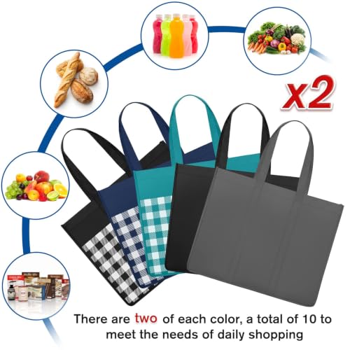 Reusable Grocery Shopping Bags 10 Pack Large Foldable Tote Bags Bulk - color: Plaid: Black,black,cyan,grey,blue