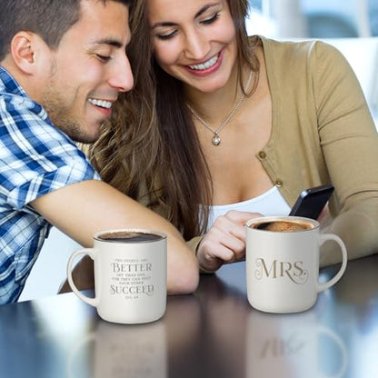 Christian Art Gifts Inspirational Novelty Ceramic Coffee & Tea Mug Set for Husbands & Wives: Mr. & Mrs. Encouraging Scripture, Weddings, Anniversaries, White/Silver/Gold, Pack of Two Large 14 oz. Cups