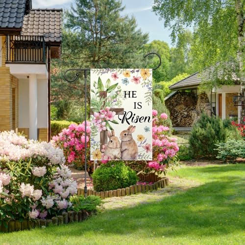 He Is Risen Garden Flag 12x18 Inch Double Sided Cross Easter Garden Flag for Outside Spring Flowers Bunny Easter Yard Flag Home Outdoor Decorative Flag - color: Pink Brown