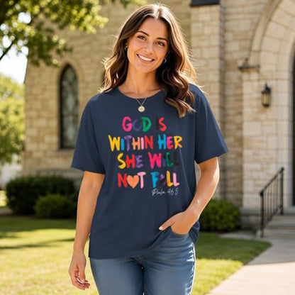 Sulayesh Christian Shirts for Women Jesus God is Within Her Tshirt Faith Inspirational Bible Verse Religious Graphic Tee Tops - color: Navy Blue, size: Small