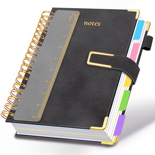 Hardcover Spiral Notebook College Ruled, 8"x10" Leather Journal Notebook with Magnetic Closure, 300 Pages 5 Subject Notebook with Dividers Tabs Journal for Women Men, Work, School(Black) - color: Black, size: B5-8"x10"