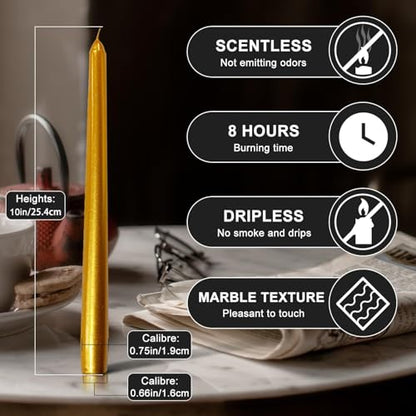 24 Pack Gold Taper Candles丨Taper Candles 10 Inch Dripless丨Unscented & Smokeless Candlesticks Bulk丨7-8 Hours Long Burning Tall Candles丨Ideal for Christmas Weddings Parties Dinner - color: Gold, size: 24 Pack Taper Candle