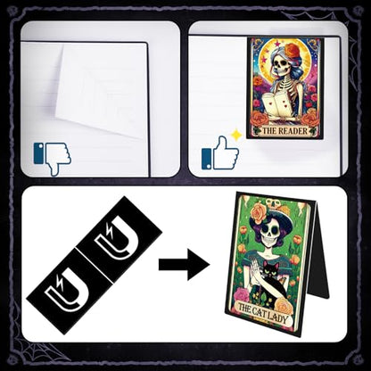 Tarot Skeleton Magnetic Bookmark Gifts - Wxiben 8 Pcs Gothic Skeleton Bookmarks Magnetic for Women Funny Skull Flower Magnets Book Markers Page Clip Gifts for Women Students Teacher Reader Office - style: Tarot Skeleton