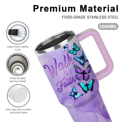 Butterfly 40oz Tumbler with Handle and Straw Lid Stainless Steel Insulated Coffee Travel Mug Cup Keeps Drinks Cold & Hot, Mothers Day Christian Birthday Gifts for Butterfly Women - color: Christian/Butterfly