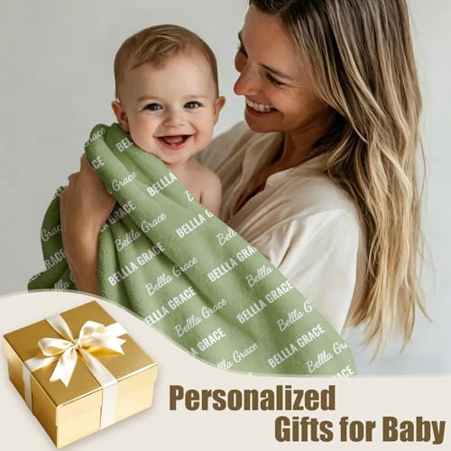 Ships Next Day, Personalized Baby Blanket with Name - Custom Newborn Hospital Swaddle Blanket, Super Soft Plush Flannel Baby Gift for Birth Announcement Shower Easter Gifts for Toddler Kids - color: Light Green