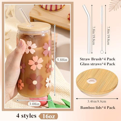Mumufy 4 Pack Cute Boho Glass Cup, 16 oz Tumbler Mug with Bamboo Lid - style: Cute Boho
