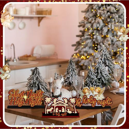 Shellwei 6 Pcs Christmas Table Decoration Nativity Scene Jesus Christian Centerpiece Wooden Xmas Religious Party Decor Believe Joy Noel Jesus Table Topper Winter Holiday Sign for Indoor New Year Craft - style: Christmas Jesus