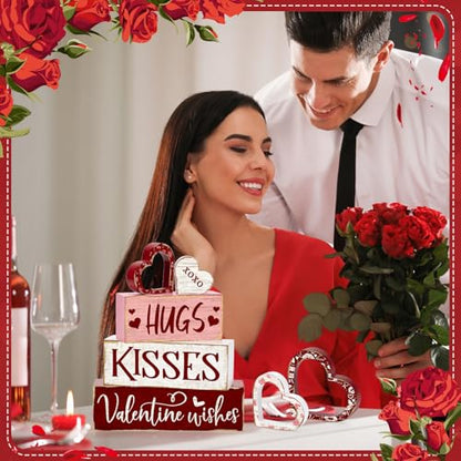 Britimes Tiered Tray Decor Set, 4 Pack, Wooden Table Sign, Red Valentine - style: Hug Kisses