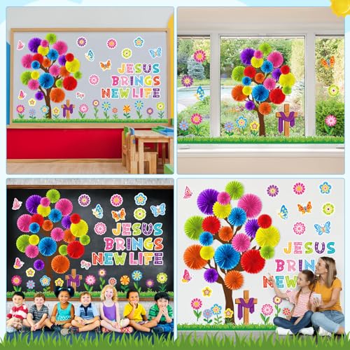 Gersoniel 76 Pcs Back to School Bulletin Board Decorations Christian Classroom Bulletin Boards 3D DIY Paper Fans Tree Cutouts Jesus Religious Cross Decor for First Day of School Wall Decor Supplies - style: Spring