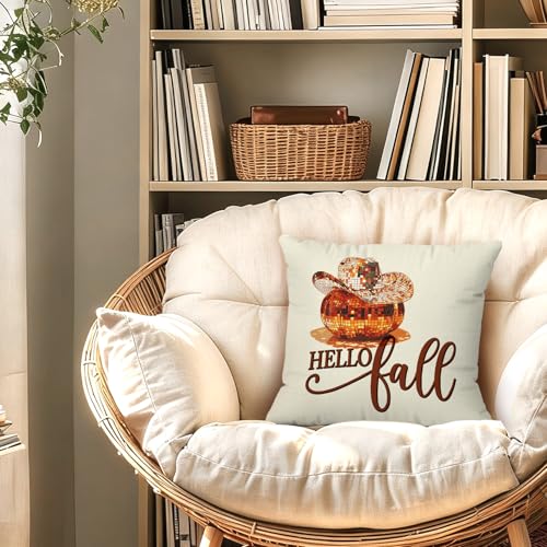 Hello Fall Western Disco Ball Pumpkin Throw Pillow Covers 18x18 - color: Disco Ball