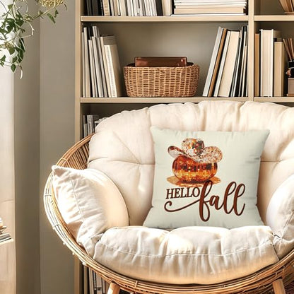 Hello Fall Western Disco Ball Pumpkin Throw Pillow Covers 18x18 - color: Disco Ball