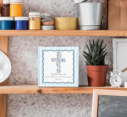 SRADMO Coastal Beach Seashell Cross Christian Wood Box Sign Desk Decor, Psalm 93:4 Bible Verse Religious Ocean Theme Wooden Block Box Sign Decoration for Church Home Office Shelf Table Decor