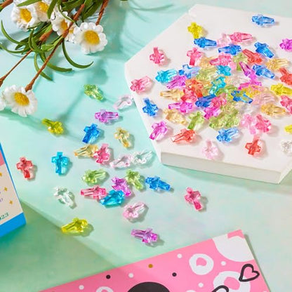 FASHEWELRY 300pcs Clear Acrylic Cross Beads Candy Color Cross Loose Beads Transparent Crosses Spacer Beads Easter Crucifix Loose Beads for Jewelry Making - color: Cross-10 Colors