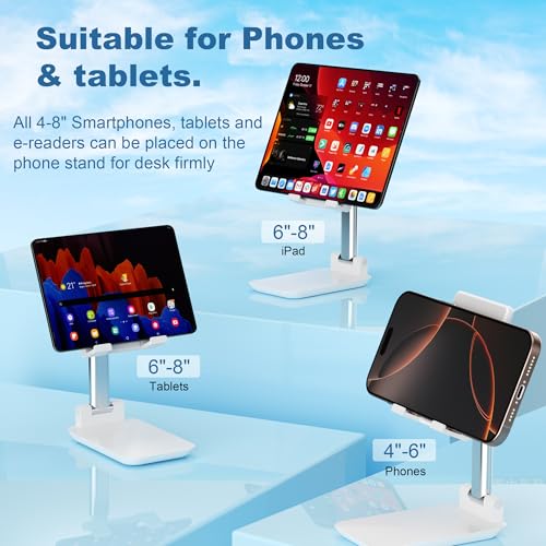 Cell Phone Stand,Adjustable Angle Height Phone Stand for Desk,Fully Foldable/Portable Phone Holder with Silicon Pad for iPhone 16/15/14/13/12/Smartphones,All Mobile Phones (White) - color: White