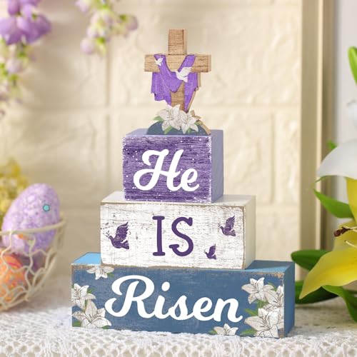 4 Pcs Easter Table Decorations He Is Risen Wooden Table Sign Religious Wood Centerpiece Easter Cross Blocks Farmhouse Tiered Tray Decor for Home Kitchen Shelf Decor(Cross) - style: Cross