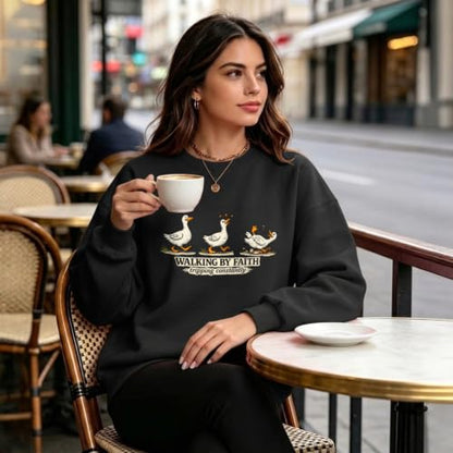Silly Goose Christian Sweatshirts for Women Walking by Faith Tripping Constantly Sweatshirt Cute Graphic Crewneck - color: Black, size: XX-Large