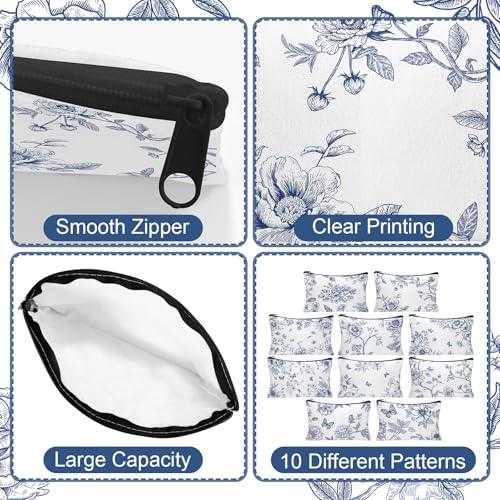 30Pcs Blue and White Floral Makeup Bag Floral Cosmetic Bags Bulk for Women Chinoiserie Wildflower Canvas Travel Toiletry Pouch for Bridesmaids Wedding Bridal Shower Birthday Party Supplies - style: Blue Floral