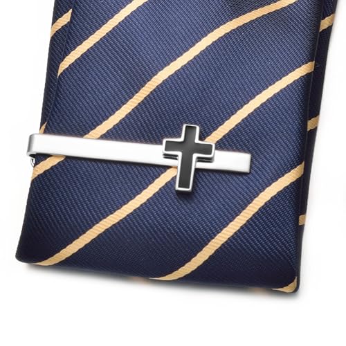 Silver Gold Cross Tie Clip for Men CZ Mother of Pearl Oil Drip Tie Bar Clip Personalized - color: silver