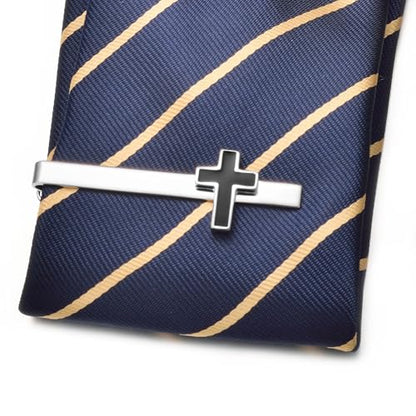 Silver Gold Cross Tie Clip for Men CZ Mother of Pearl Oil Drip Tie Bar Clip Personalized - color: silver